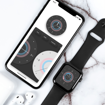 smartphone and watch showing a dark mode watch