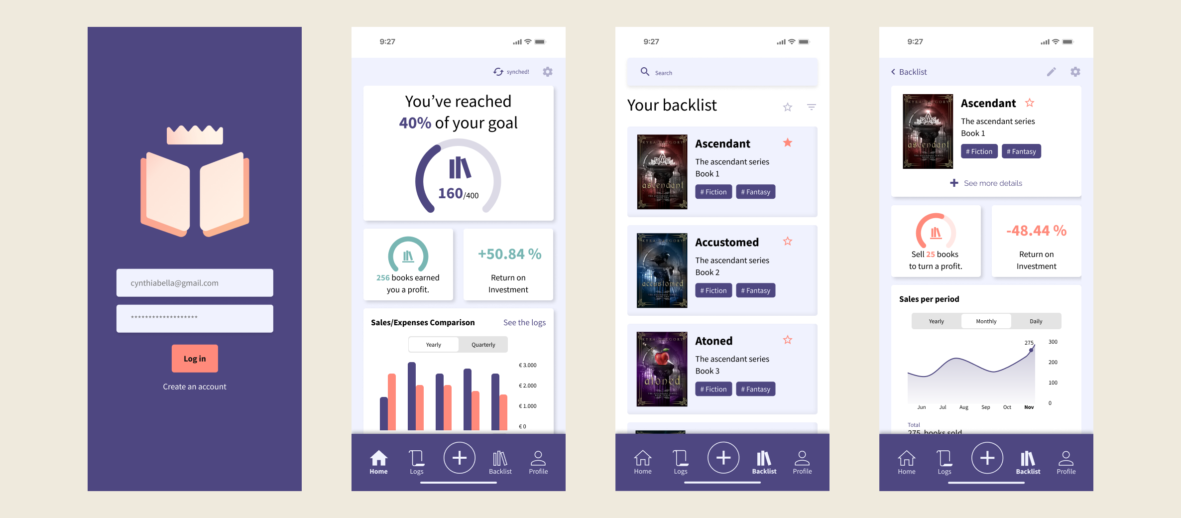 four screens displaying some of the possibilities of the book sales tracker app
