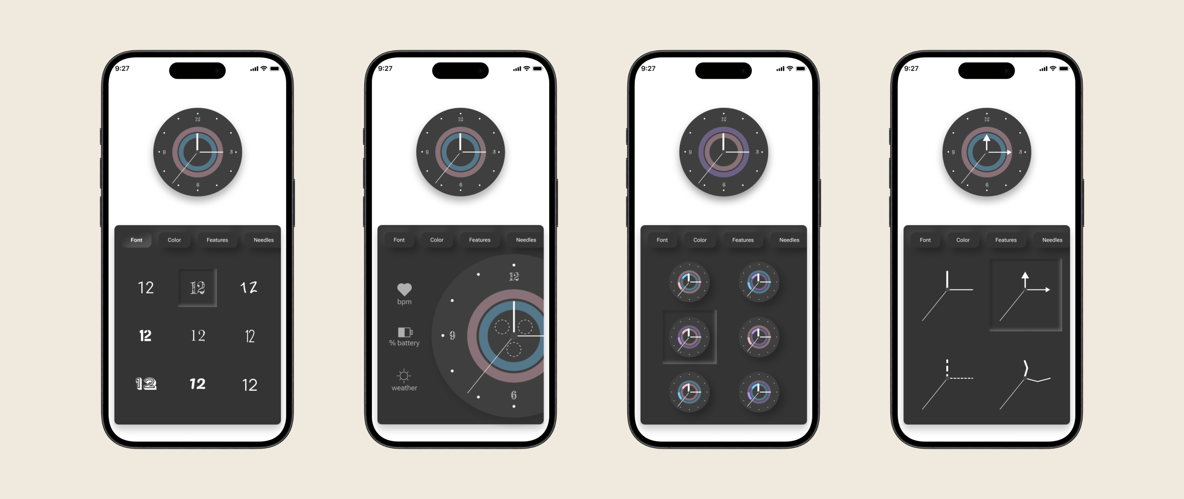 four screens focusing on four different settings of the watch face