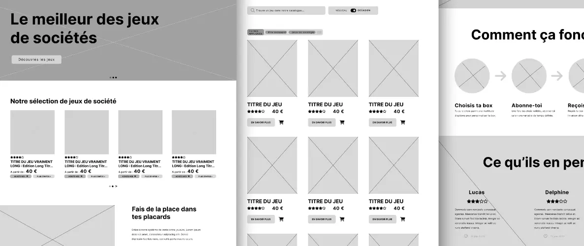three wireframes of the maitre du jeu project