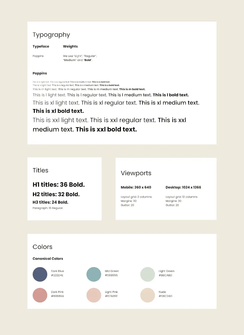 style guide of the cinemax project with typography titles viewports and colors